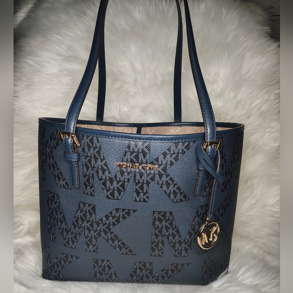 Michael Kors Blue MK Logo Tote with Gold Hardware
